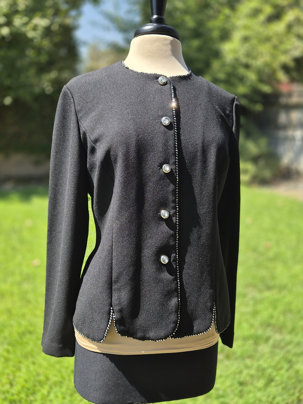 Vintage Leslie Fay Evenings Black Textured Rhinestone Trim Jacket Size 10 #0512